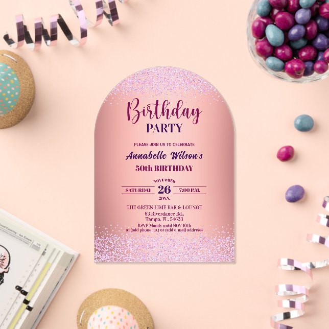 Invitaciones Acrílicas Elegant Rose Glitter Metallic Pink 50th Birthday  (Insitu (Celebración))