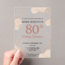 Invitaciones Acrílicas Elegant Rose Gold Botanical 80th Birthday
