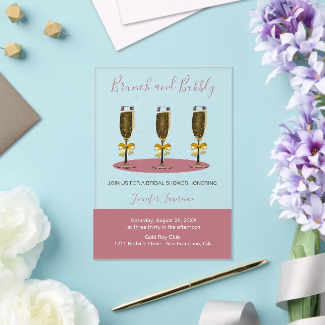 Invitaciones Acrílicas Elegant Rose Gold Brunch and Bubbly Bridal Shower (Insitu (Boda))
