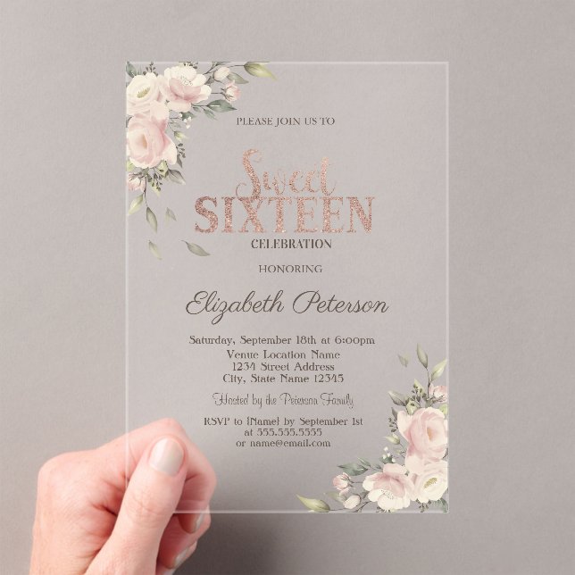 Invitaciones Acrílicas Elegant Rose Gold Floral Sweet 16 Birthday (Insitu (portátil))