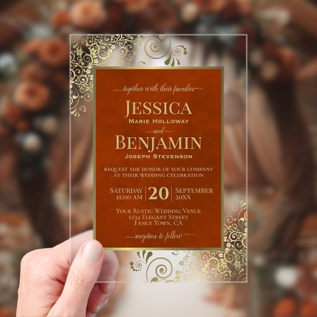 Invitaciones Acrílicas Elegant Rust Orange & Gold Stylish Text Wedding (Subido por el creador)