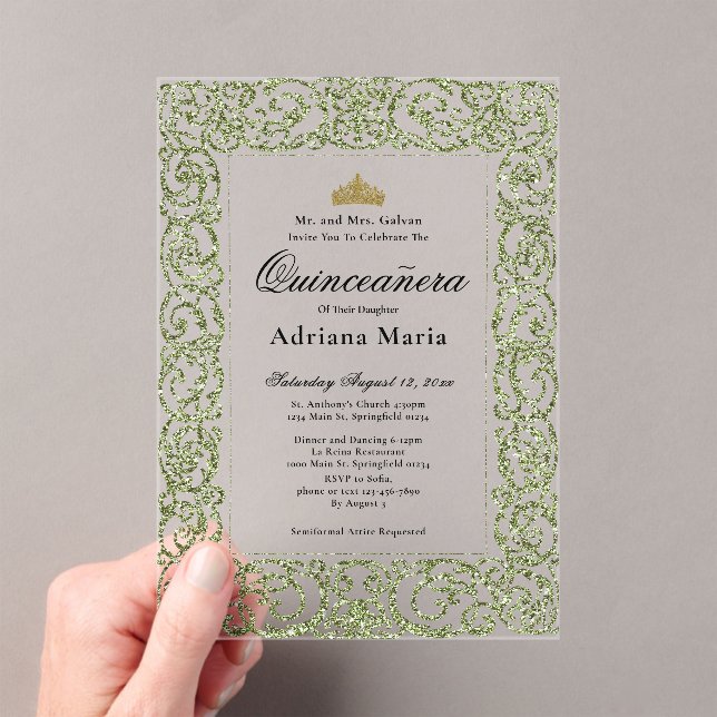 Invitaciones Acrílicas Elegant Sage Green 15th Birthday Quinceanera (Insitu (portátil))