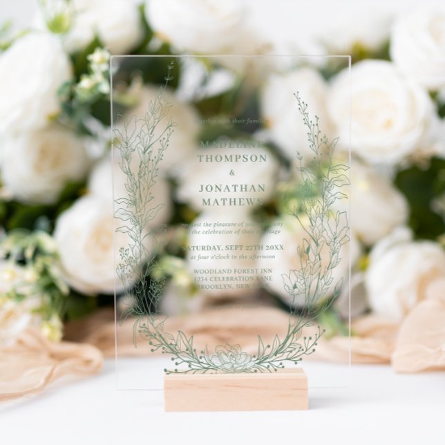 Invitaciones Acrílicas Elegant Sage Green Floral Wreath Monogram Wedding (Subido por el creador)