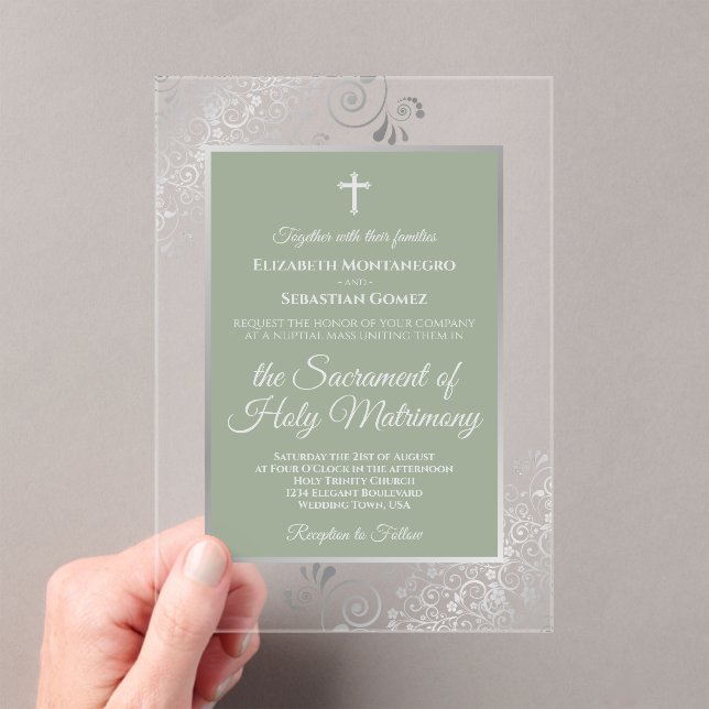 Invitaciones Acrílicas Elegant Sage Green Ornate Silver Catholic Wedding (Insitu (portátil))