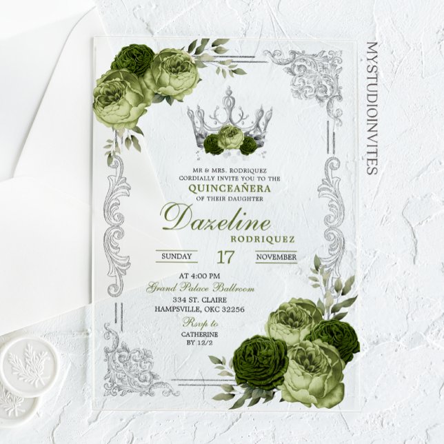 Invitaciones Acrílicas Elegant Sage Green Silver Crown Quinceanera (Subido por el creador)