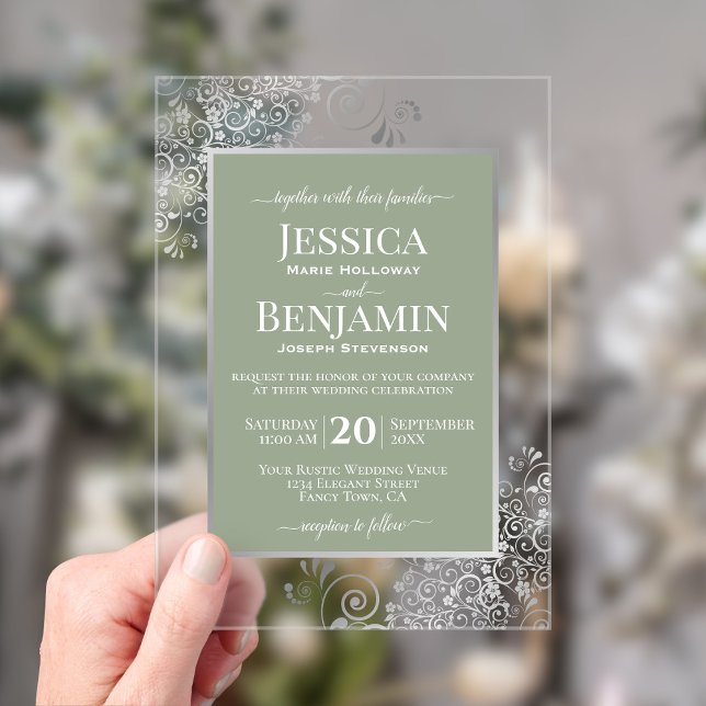 Invitaciones Acrílicas Elegant Sage Green & Silver Stylish Text Wedding (Subido por el creador)