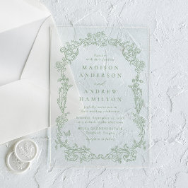 Invitaciones Acrílicas Elegant Sage Green Victorian Floral Frame Wedding