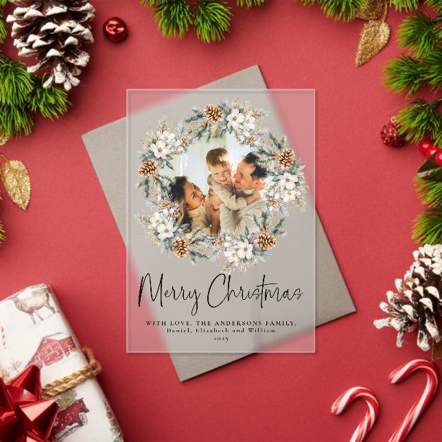 Invitaciones Acrílicas Elegant Script Botanical Photo Christmas Card (Insitu (Vacaciones))