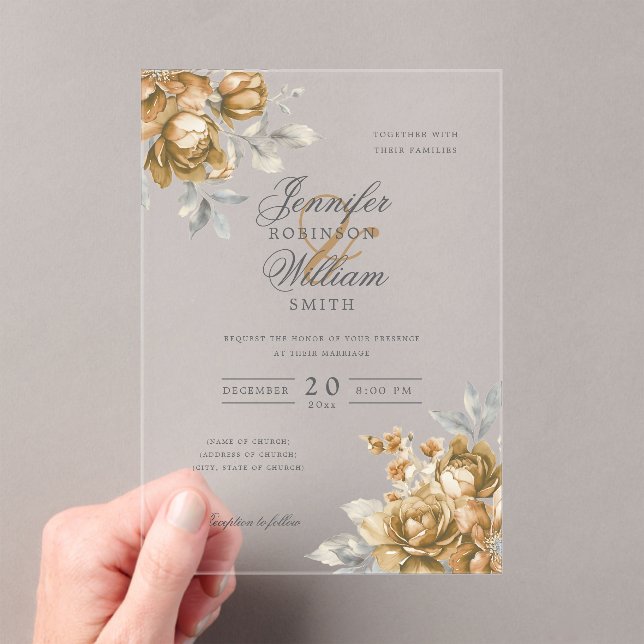 Invitaciones Acrílicas Elegant Script Wedding Gold Natural Rustic Floral  (Insitu (portátil))