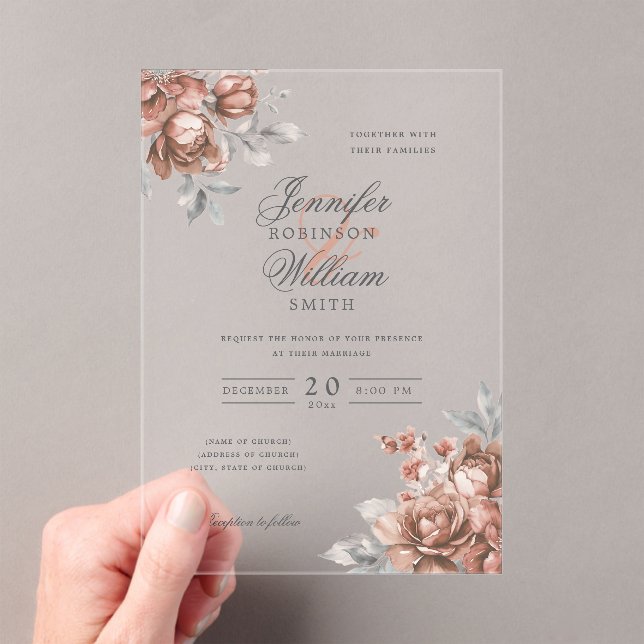 Invitaciones Acrílicas Elegant Script Wedding Rose Gold Rustic Floral  (Insitu (portátil))