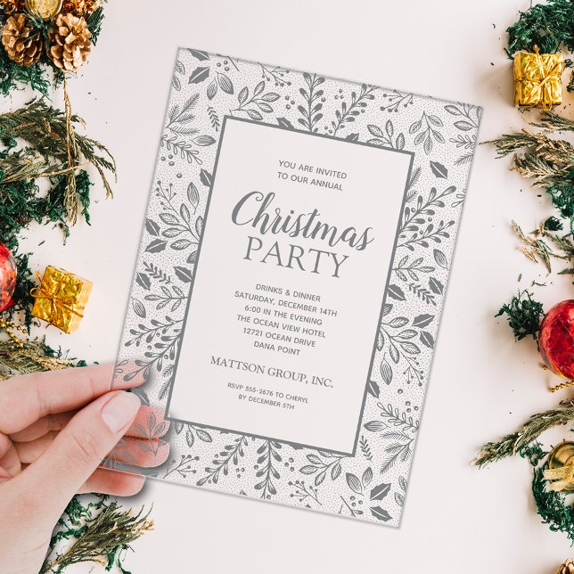 Invitaciones Acrílicas Elegant Silver Botanicals Christmas Party (Elegant silver grey botanicals border CLEAR ACRYLIC Christmas holiday party invitations)