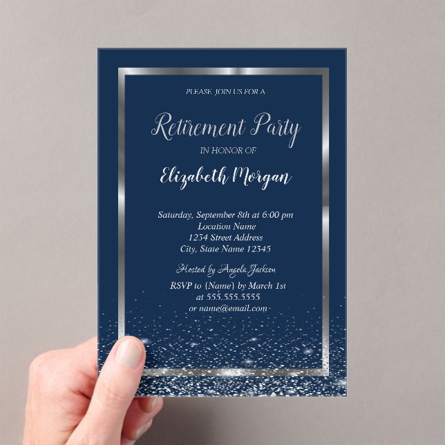 Invitaciones Acrílicas Elegant Silver Frame Navy Confetti Retirement (Insitu (portátil))
