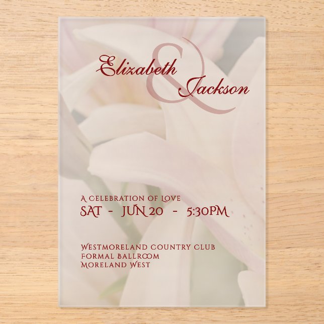 Invitaciones Acrílicas Elegant Soft Romantic Floral Lily Script Wedding (Anverso)