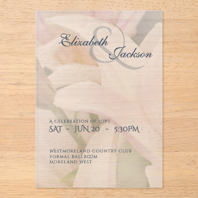 Invitaciones Acrílicas Elegant Soft Romantic Floral Lily Script Wedding (Anverso)