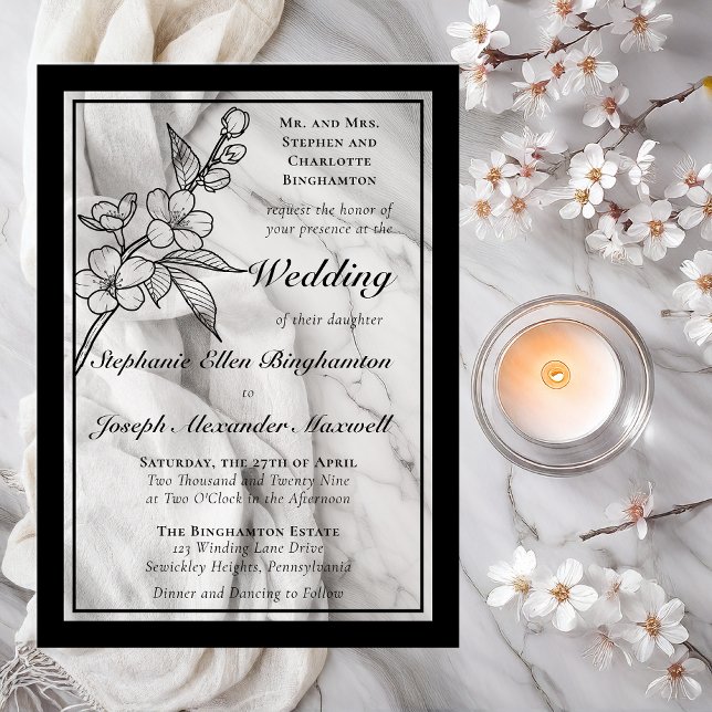 Invitaciones Acrílicas Elegant Spring Blossoms Black White Formal Wedding (Elegant Line Art Spring Blossoms Floral Formal Wedding Black on Clear Acrylic Invitations)
