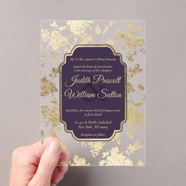 Invitaciones Acrílicas Elegant Style Tolopea Purple Gold Floral Wedding (Insitu (portátil))