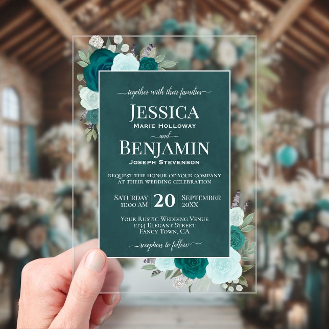 Invitaciones Acrílicas Elegant Teal & Aqua Roses Stylish Text Wedding (Clear Acrylic with Rectangle Cut)