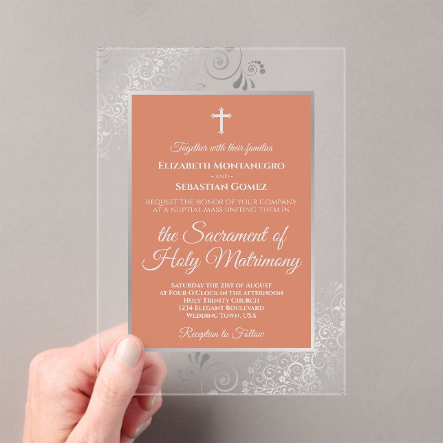 Invitaciones Acrílicas Elegant Terracotta Coral & Silver Catholic Wedding (Insitu (portátil))