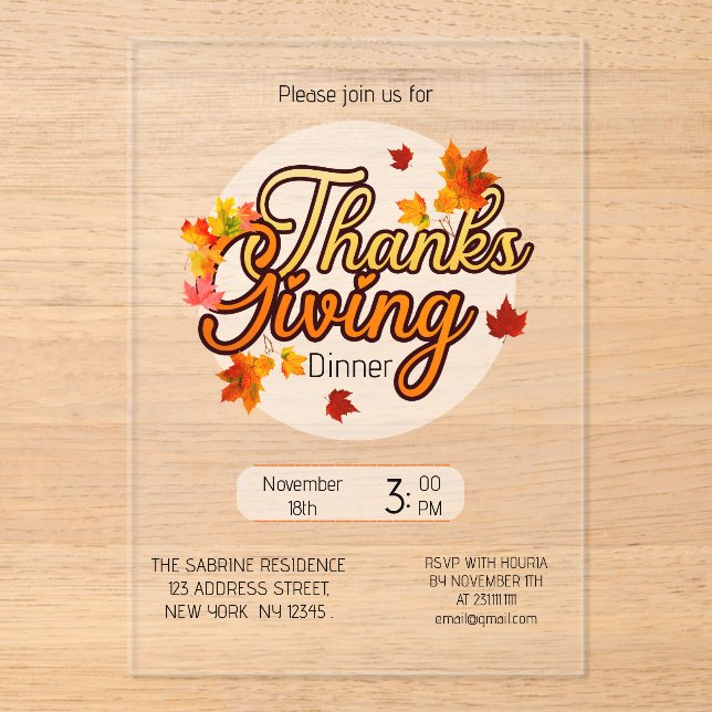 Invitaciones Acrílicas Elegant Thanksgiving foliage autumn fall  (Anverso)