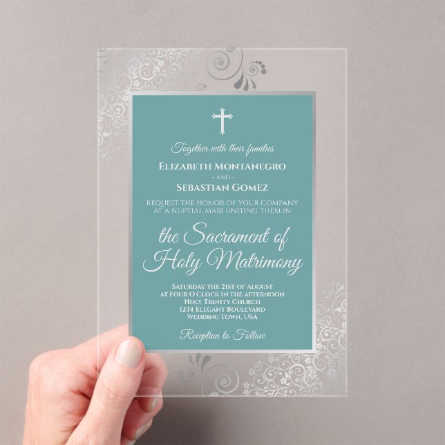 Invitaciones Acrílicas Elegant Turquoise Teal & Silver Catholic Wedding (Insitu (portátil))