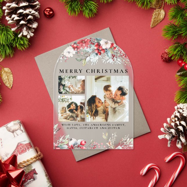 Invitaciones Acrílicas Elegant Vintage Arch Botanical Red Christmas Card (Insitu (Vacaciones))