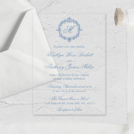 Invitaciones Acrílicas Elegant Vintage Blue Toile Monogram Wedding
