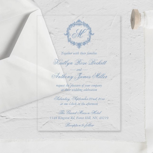Invitaciones Acrílicas Elegant Vintage Blue Toile Monogram Wedding (Subido por el creador)