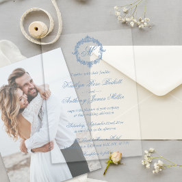 Invitaciones Acrílicas Elegant Vintage Blue Toile Monogram Wedding