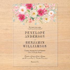 Invitaciones Acrílicas Elegant Watercolor Bright Pink Floral Wedding