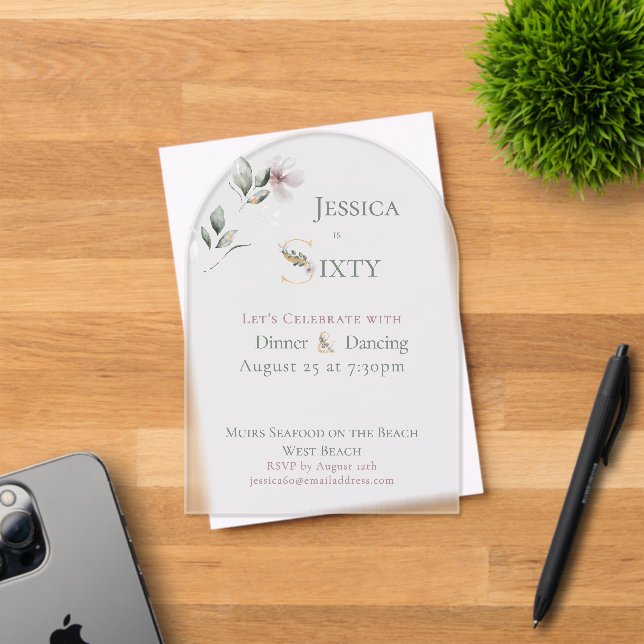 Invitaciones Acrílicas Elegant Watercolor Floral 60th Birthday Frosted (Insitu (Tarjeta de Invitación))