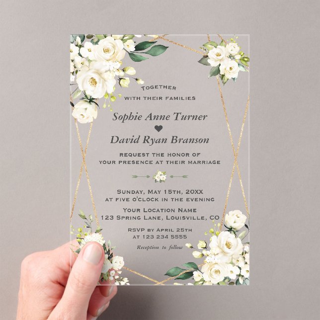 Invitaciones Acrílicas Elegant Watercolor White Flowers Gold Wedding (Insitu (portátil))