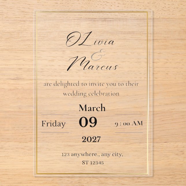 Invitaciones Acrílicas Elegant Wedding Invitation with Gold Frame  (Anverso)