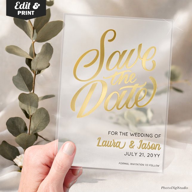 Invitaciones Acrílicas Elegant Wedding Save the Date Gold Text Frosted  (Custom Elegant Wedding Save the Date Gold  Text Frosted Acrylic Invitations)