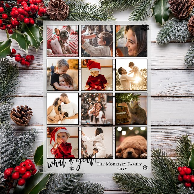 Invitaciones Acrílicas Elegant What A Year 12 Photo Snowflakes ("What A Year!" Snowflakes Black Framed 12 Photo Christmas Holiday Acrylic Card)