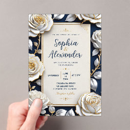 Invitaciones Acrílicas Elegant White and Gold Rose on Navy Blue 