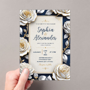 Invitaciones Acrílicas Elegant White and Gold Rose on Navy Blue 