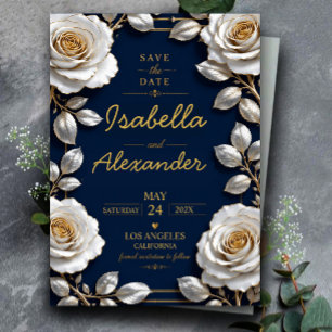 Invitaciones Acrílicas Elegant White and Gold Rose on Navy Blue