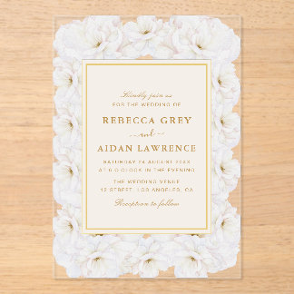 Invitaciones Acrílicas Elegant White Floral Ivory Gold Border Wedding