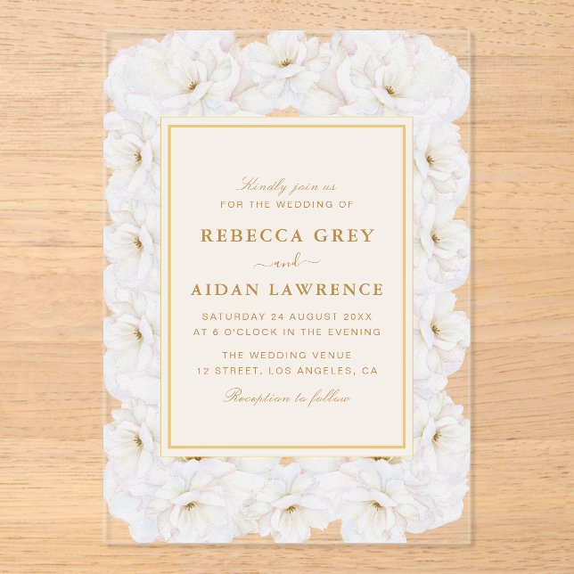 Invitaciones Acrílicas Elegant White Floral Ivory Gold Border Wedding (Anverso)