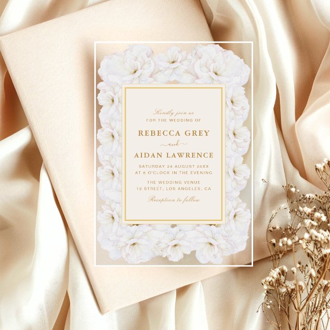 Invitaciones Acrílicas Elegant White Floral Ivory Gold Border Wedding (Subido por el creador)