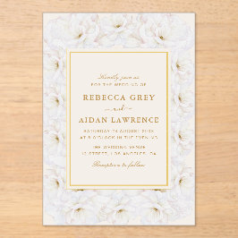 Invitaciones Acrílicas Elegant White Floral Ivory Gold Border Wedding