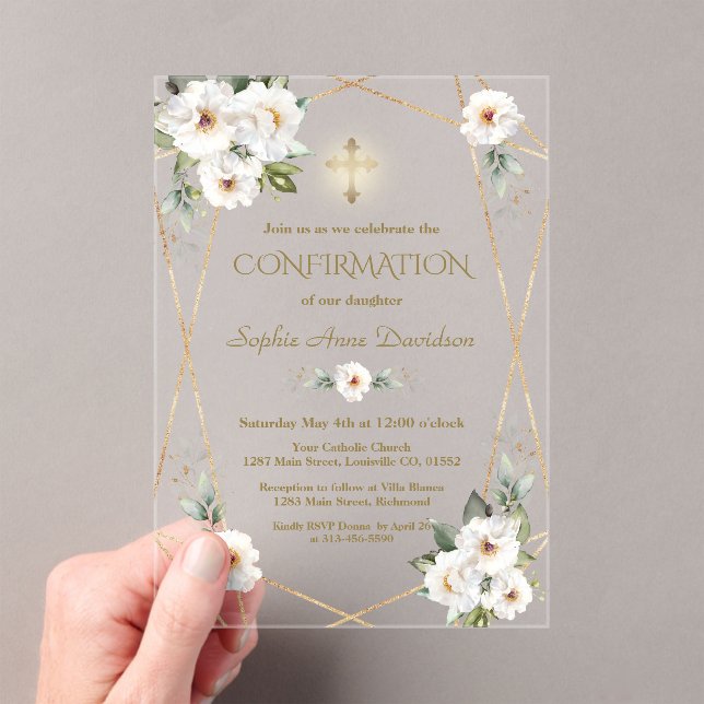 Invitaciones Acrílicas Elegant White Flowers Gold Cross Confirmation (Insitu (portátil))