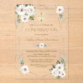 Invitaciones Acrílicas Elegant White Flowers Gold Cross Confirmation