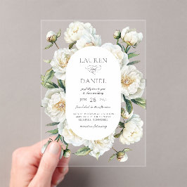 Invitaciones Acrílicas Elegant White Peonies Watercolor Floral Wedding
