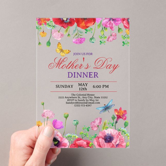 Invitaciones Acrílicas Elegant Wildflower Black Chic Mother's Day Dinner (Insitu (portátil))