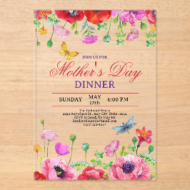 Invitaciones Acrílicas Elegant Wildflower Black Chic Mother's Day Dinner