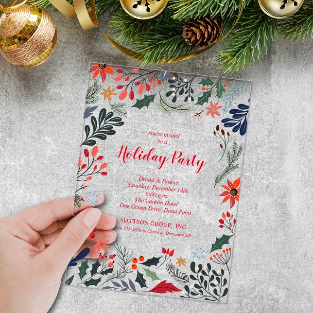 Invitaciones Acrílicas Elegant Winter Botanicals Christmas Holiday (Elegant winter botanicals and flowers Christmas holiday party clear acrylic invitations)