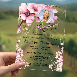 Invitaciones Acrílicas Elegante acrílico floral Pink Photo Graduation Par