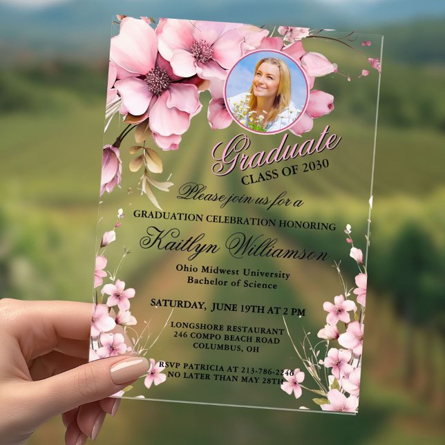 Invitaciones Acrílicas Elegante acrílico floral Pink Photo Graduation Par (Subido por el creador)