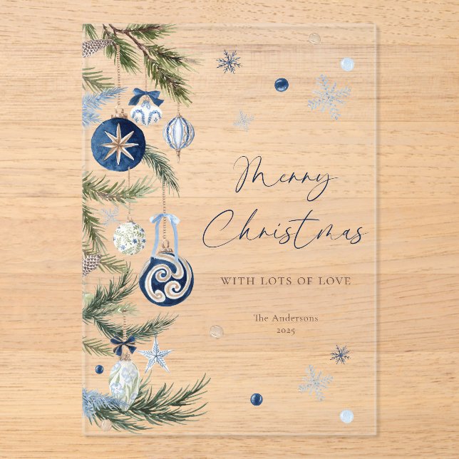 Invitaciones Acrílicas Elegante acuarela Azul Ornamento de Navidad (Anverso)